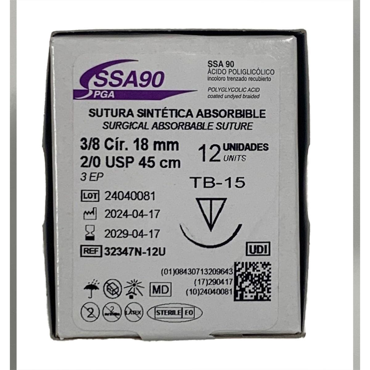 SUTURA PGA TB15 3/8 TRIANG 18MM 2/0 45CM 12U LORCA