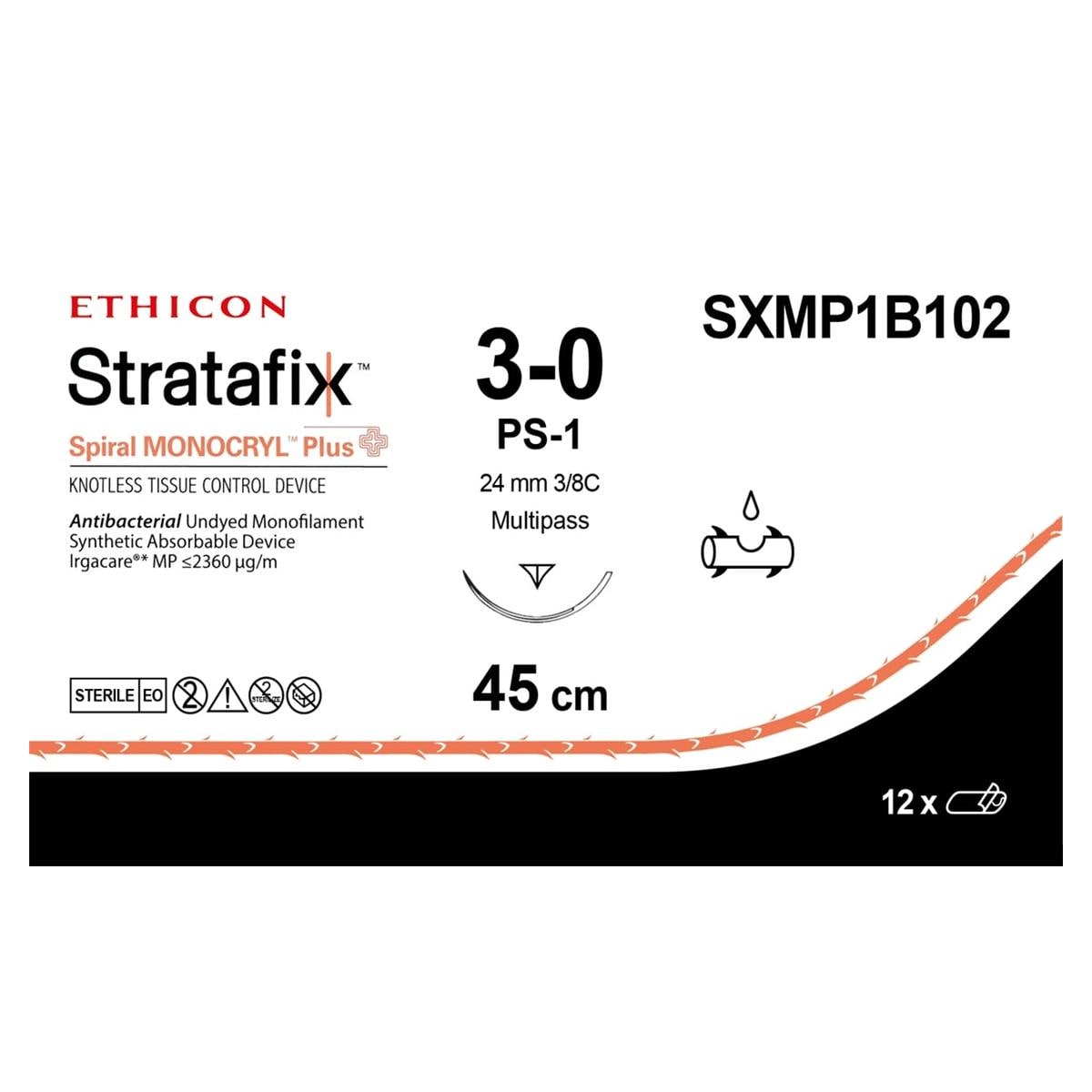 STRATAFIX SPIRAL MONOCRYL PLUS 3-0 45CM 12U ETHICO