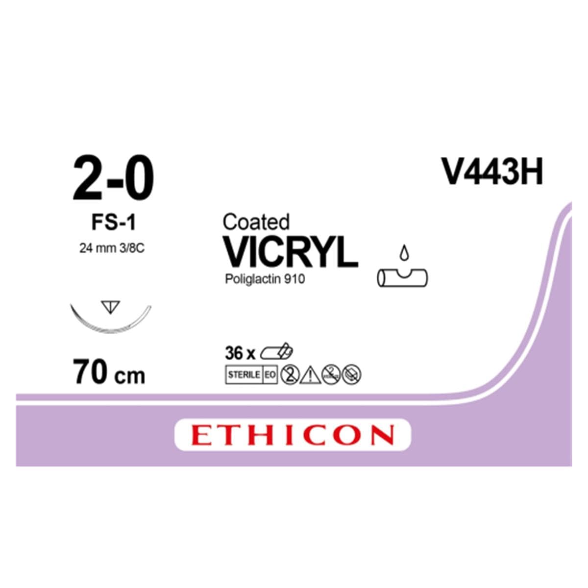 V443H VICRYL 2/0 AG 24 MM TRIAN 3/8 CIR 70 CM 36UD