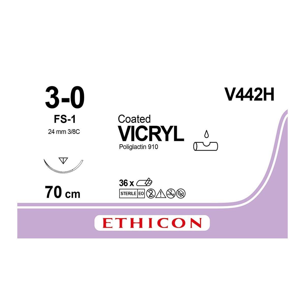 SUTURAS V442H VICRYL 3/0 AG 24MM TRIAN 3/8 CIR 70CM INCOLO 36U - ETHICON