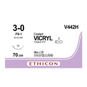 SUTURAS V442H VICRYL 3/0 AG 24MM TRIAN 3/8 CIR 70CM INCOLO 36U - ETHICON